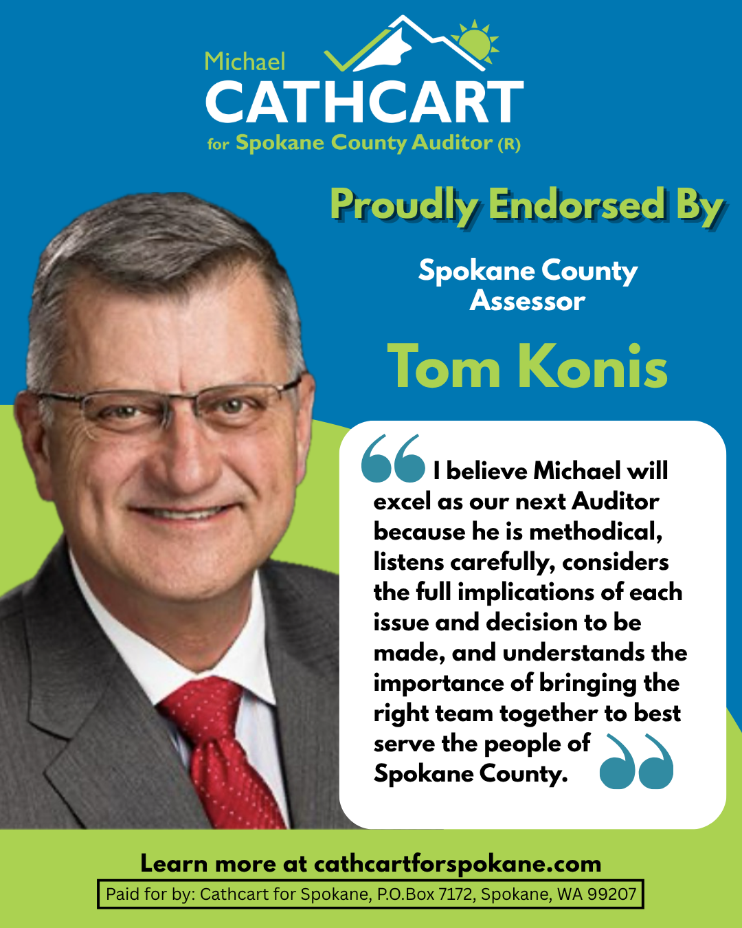 Tom Konis endorsement of Michael Cathcart for Spokane County Auditor